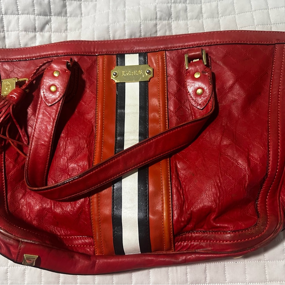 L.A.M.B. Red and Black Leather Tote with Stripe Detail